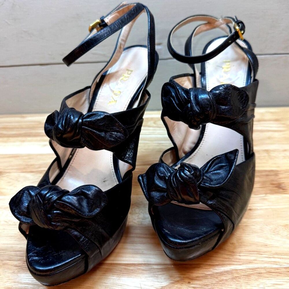 Prada Women's Black Leather Platform Heels Sandals Knotted Bows Size 38 1/2/8.5